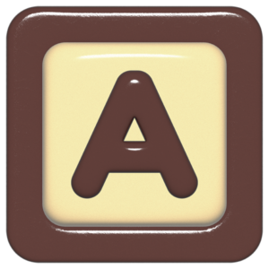 立体的なチョコレート風アイコン。外側がダークブラウンの正方形フレームで、中央のアイボリーのベースに、丸みのある茶色の「A」が3Dで配置されているデザイン。