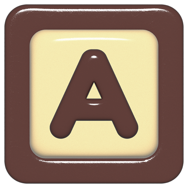 立体的なチョコレート風アイコン。外側がダークブラウンの正方形フレームで、中央のアイボリーのベースに、丸みのある茶色の「A」が3Dで配置されているデザイン。