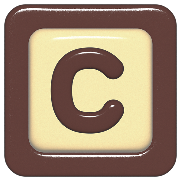 立体的なチョコレート風アイコン。外側がダークブラウンの正方形フレームで、中央のアイボリーのベースに、丸みのある茶色の「C」が3Dで配置されているデザイン。