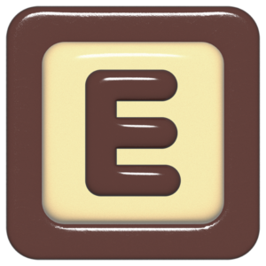 立体的なチョコレート風アイコン。外側がダークブラウンの正方形フレームで、中央のアイボリーのベースに、丸みのある茶色の「E」が3Dで配置されているデザイン。