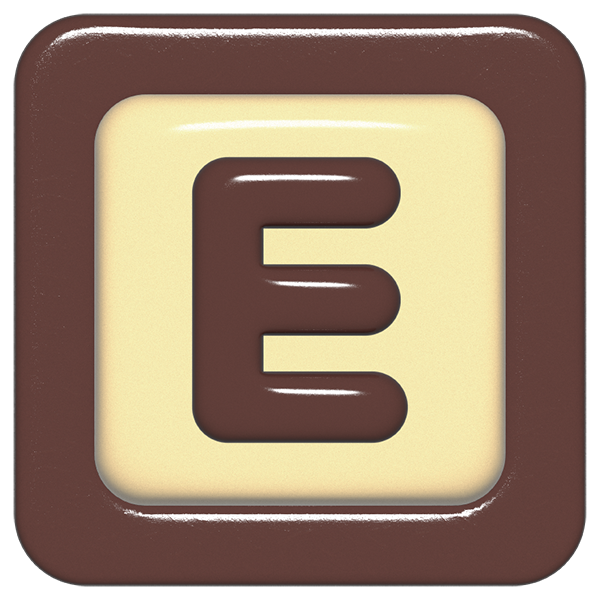 立体的なチョコレート風アイコン。外側がダークブラウンの正方形フレームで、中央のアイボリーのベースに、丸みのある茶色の「E」が3Dで配置されているデザイン。