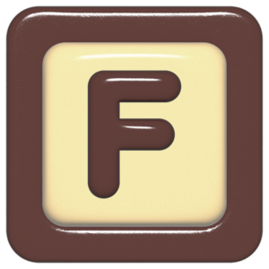 立体的なチョコレート風アイコン。外側がダークブラウンの正方形フレームで、中央のアイボリーのベースに、丸みのある茶色の「F」が3Dで配置されているデザイン。