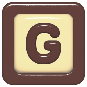 立体的なチョコレート風アイコン。外側がダークブラウンの正方形フレームで、中央のアイボリーのベースに、丸みのある茶色の「G」が3Dで配置されているデザイン。