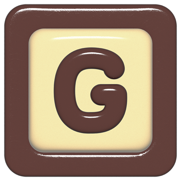 立体的なチョコレート風アイコン。外側がダークブラウンの正方形フレームで、中央のアイボリーのベースに、丸みのある茶色の「G」が3Dで配置されているデザイン。