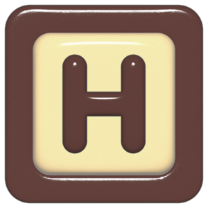 立体的なチョコレート風アイコン。外側がダークブラウンの正方形フレームで、中央のアイボリーのベースに、丸みのある茶色の「H」が3Dで配置されているデザイン。