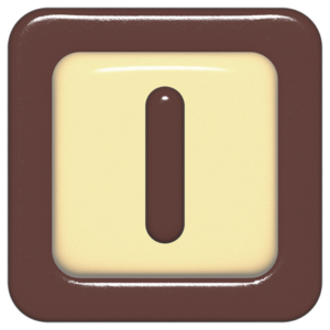 立体的なチョコレート風アイコン。外側がダークブラウンの正方形フレームで、中央のアイボリーのベースに、丸みのある茶色の「I」が3Dで配置されているデザイン。