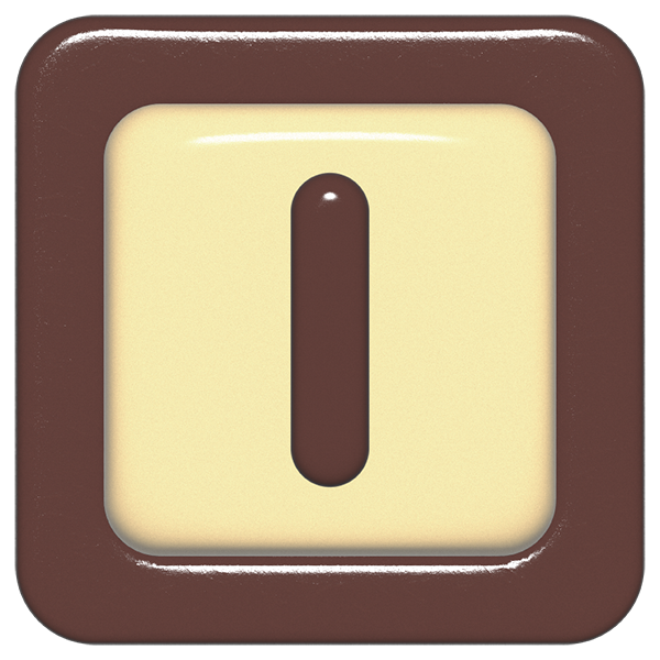 立体的なチョコレート風アイコン。外側がダークブラウンの正方形フレームで、中央のアイボリーのベースに、丸みのある茶色の「I」が3Dで配置されているデザイン。