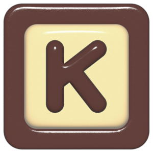 立体的なチョコレート風アイコン。外側がダークブラウンの正方形フレームで、中央のアイボリーのベースに、丸みのある茶色の「K」が3Dで配置されているデザイン。