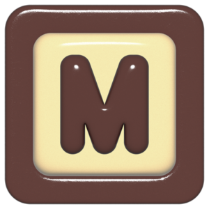 立体的なチョコレート風アイコン。外側がダークブラウンの正方形フレームで、中央のアイボリーのベースに、丸みのある茶色の「M」が3Dで配置されているデザイン。