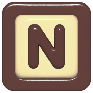 立体的なチョコレート風アイコン。外側がダークブラウンの正方形フレームで、中央のアイボリーのベースに、丸みのある茶色の「N」が3Dで配置されているデザイン。