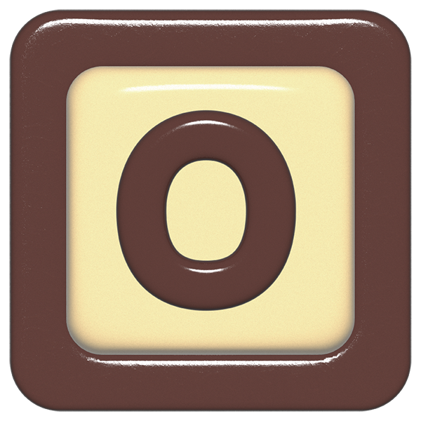 立体的なチョコレート風アイコン。外側がダークブラウンの正方形フレームで、中央のアイボリーのベースに、丸みのある茶色の「O」が3Dで配置されているデザイン。