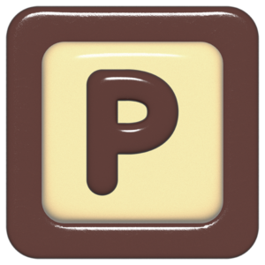 立体的なチョコレート風アイコン。外側がダークブラウンの正方形フレームで、中央のアイボリーのベースに、丸みのある茶色の「P」が3Dで配置されているデザイン。