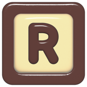 立体的なチョコレート風アイコン。外側がダークブラウンの正方形フレームで、中央のアイボリーのベースに、丸みのある茶色の「R」が3Dで配置されているデザイン。
