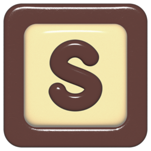 立体的なチョコレート風アイコン。外側がダークブラウンの正方形フレームで、中央のアイボリーのベースに、丸みのある茶色の「S」が3Dで配置されているデザイン。