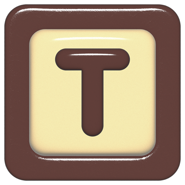 立体的なチョコレート風アイコン。外側がダークブラウンの正方形フレームで、中央のアイボリーのベースに、丸みのある茶色の「T」が3Dで配置されているデザイン。