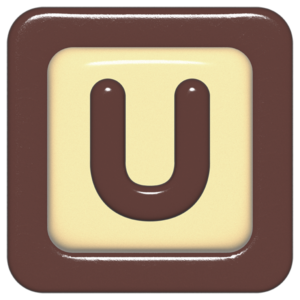 立体的なチョコレート風アイコン。外側がダークブラウンの正方形フレームで、中央のアイボリーのベースに、丸みのある茶色の「U」が3Dで配置されているデザイン。