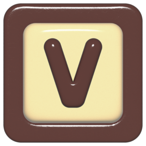 立体的なチョコレート風アイコン。外側がダークブラウンの正方形フレームで、中央のアイボリーのベースに、丸みのある茶色の「V」が3Dで配置されているデザイン。