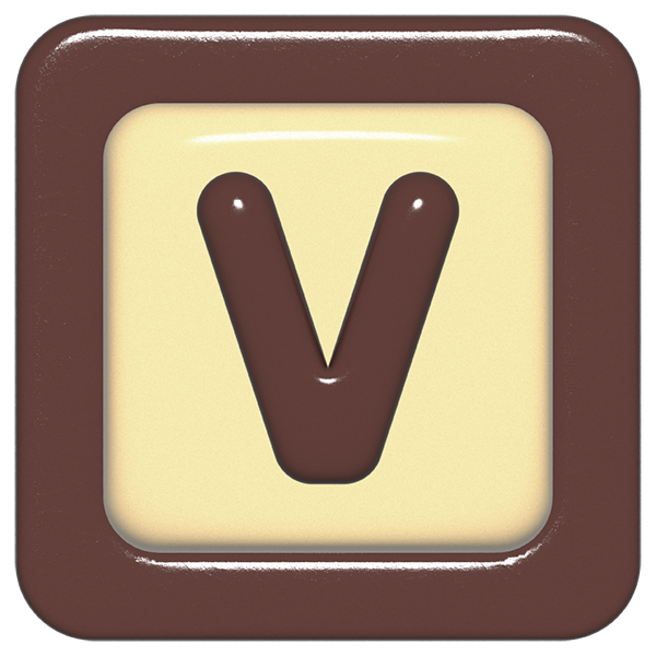 立体的なチョコレート風アイコン。外側がダークブラウンの正方形フレームで、中央のアイボリーのベースに、丸みのある茶色の「V」が3Dで配置されているデザイン。