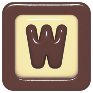 立体的なチョコレート風アイコン。外側がダークブラウンの正方形フレームで、中央のアイボリーのベースに、丸みのある茶色の「W」が3Dで配置されているデザイン。