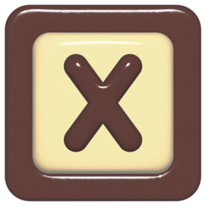 立体的なチョコレート風アイコン。外側がダークブラウンの正方形フレームで、中央のアイボリーのベースに、丸みのある茶色の「X」が3Dで配置されているデザイン。