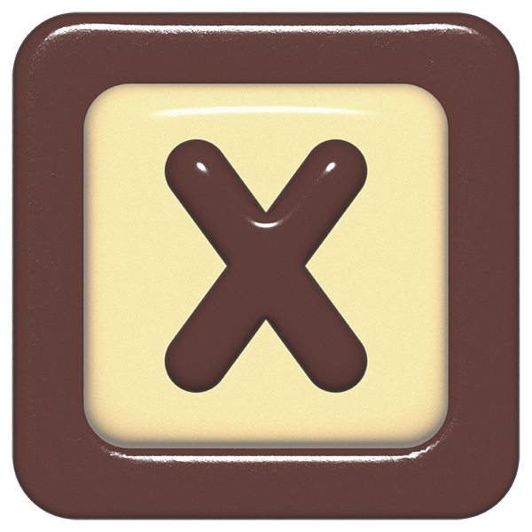 立体的なチョコレート風アイコン。外側がダークブラウンの正方形フレームで、中央のアイボリーのベースに、丸みのある茶色の「X」が3Dで配置されているデザイン。
