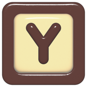 立体的なチョコレート風アイコン。外側がダークブラウンの正方形フレームで、中央のアイボリーのベースに、丸みのある茶色の「Y」が3Dで配置されているデザイン。
