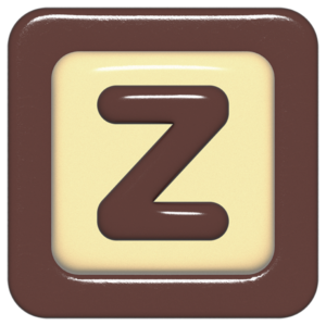 立体的なチョコレート風アイコン。外側がダークブラウンの正方形フレームで、中央のアイボリーのベースに、丸みのある茶色の「Z」が3Dで配置されているデザイン。
