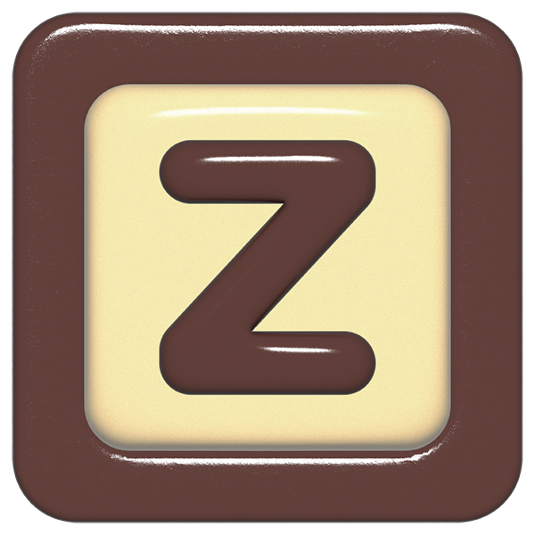 立体的なチョコレート風アイコン。外側がダークブラウンの正方形フレームで、中央のアイボリーのベースに、丸みのある茶色の「Z」が3Dで配置されているデザイン。