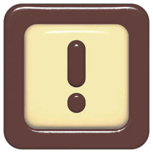 立体的なチョコレート風アイコン。外側がダークブラウンの正方形フレームで、中央のアイボリーのベースに、丸みのある茶色の「!」が3Dで配置されているデザイン。