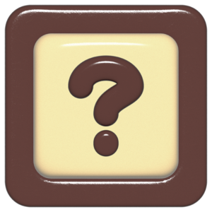 立体的なチョコレート風アイコン。外側がダークブラウンの正方形フレームで、中央のアイボリーのベースに、丸みのある茶色の「?」が3Dで配置されているデザイン。