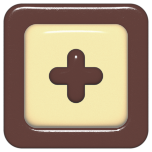 立体的なチョコレート風アイコン。外側がダークブラウンの正方形フレームで、中央のアイボリーのベースに、丸みのある茶色の「+」が3Dで配置されているデザイン。