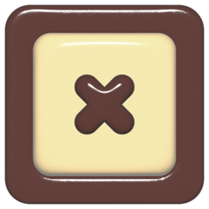 立体的なチョコレート風アイコン。外側がダークブラウンの正方形フレームで、中央のアイボリーのベースに、丸みのある茶色の「×」が3Dで配置されているデザイン。