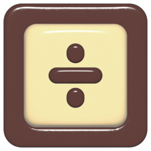 立体的なチョコレート風アイコン。外側がダークブラウンの正方形フレームで、中央のアイボリーのベースに、丸みのある茶色の「÷」が3Dで配置されているデザイン。