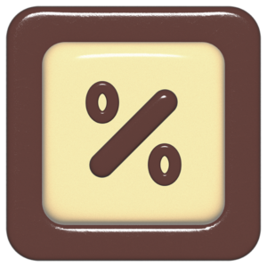 立体的なチョコレート風アイコン。外側がダークブラウンの正方形フレームで、中央のアイボリーのベースに、丸みのある茶色の「%」が3Dで配置されているデザイン。