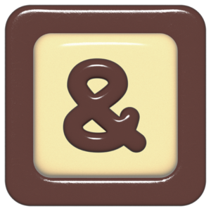 立体的なチョコレート風アイコン。外側がダークブラウンの正方形フレームで、中央のアイボリーのベースに、丸みのある茶色の「&」が3Dで配置されているデザイン。