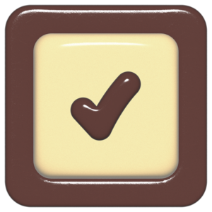 立体的なチョコレート風アイコン。外側がダークブラウンの正方形フレームで、中央のアイボリーのベースに、丸みのある茶色の「✓」が3Dで配置されているデザイン。