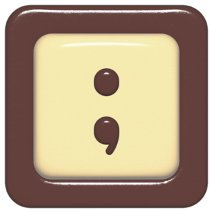 立体的なチョコレート風アイコン。外側がダークブラウンの正方形フレームで、中央のアイボリーのベースに、丸みのある茶色の「;」が3Dで配置されているデザイン。