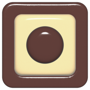 立体的なチョコレート風アイコン。外側がダークブラウンの正方形フレームで、中央のアイボリーのベースに、丸みのある茶色の「●」が3Dで配置されているデザイン。