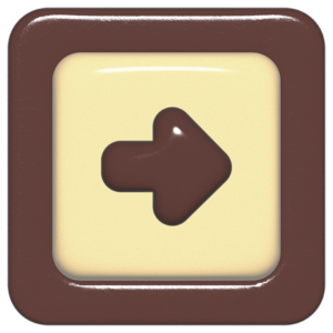 立体的なチョコレート風アイコン。外側がダークブラウンの正方形フレームで、中央のアイボリーのベースに、丸みのある茶色の「→」が3Dで配置されているデザイン。