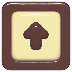 立体的なチョコレート風アイコン。外側がダークブラウンの正方形フレームで、中央のアイボリーのベースに、丸みのある茶色の「↑」が3Dで配置されているデザイン。