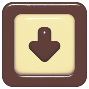 立体的なチョコレート風アイコン。外側がダークブラウンの正方形フレームで、中央のアイボリーのベースに、丸みのある茶色の「↓」が3Dで配置されているデザイン。