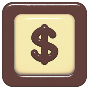 立体的なチョコレート風アイコン。外側がダークブラウンの正方形フレームで、中央のアイボリーのベースに、丸みのある茶色の「$」が3Dで配置されているデザイン。