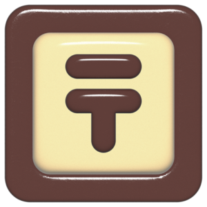 立体的なチョコレート風アイコン。外側がダークブラウンの正方形フレームで、中央のアイボリーのベースに、丸みのある茶色の「〒」が3Dで配置されているデザイン。