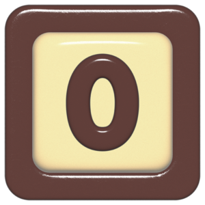 立体的なチョコレート風アイコン。外側がダークブラウンの正方形フレームで、中央のアイボリーのベースに、丸みのある茶色の「0」が3Dで配置されているデザイン。
