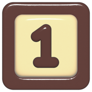 立体的なチョコレート風アイコン。外側がダークブラウンの正方形フレームで、中央のアイボリーのベースに、丸みのある茶色の「1」が3Dで配置されているデザイン。