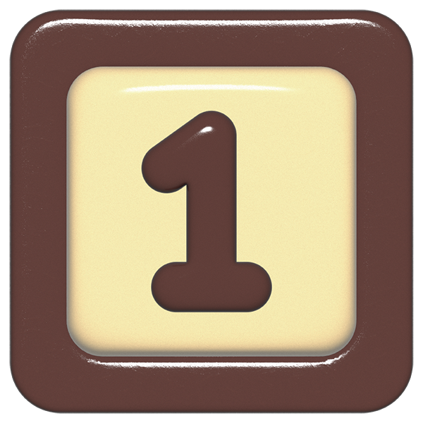 立体的なチョコレート風アイコン。外側がダークブラウンの正方形フレームで、中央のアイボリーのベースに、丸みのある茶色の「1」が3Dで配置されているデザイン。