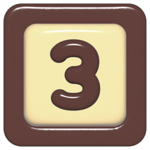 立体的なチョコレート風アイコン。外側がダークブラウンの正方形フレームで、中央のアイボリーのベースに、丸みのある茶色の「3」が3Dで配置されているデザイン。