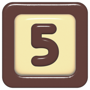 立体的なチョコレート風アイコン。外側がダークブラウンの正方形フレームで、中央のアイボリーのベースに、丸みのある茶色の「5」が3Dで配置されているデザイン。