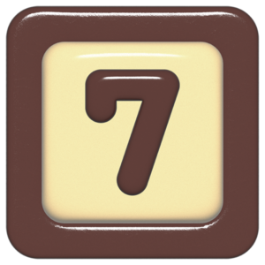 立体的なチョコレート風アイコン。外側がダークブラウンの正方形フレームで、中央のアイボリーのベースに、丸みのある茶色の「7」が3Dで配置されているデザイン。
