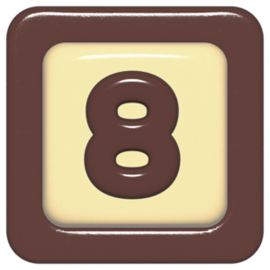 立体的なチョコレート風アイコン。外側がダークブラウンの正方形フレームで、中央のアイボリーのベースに、丸みのある茶色の「8」が3Dで配置されているデザイン。